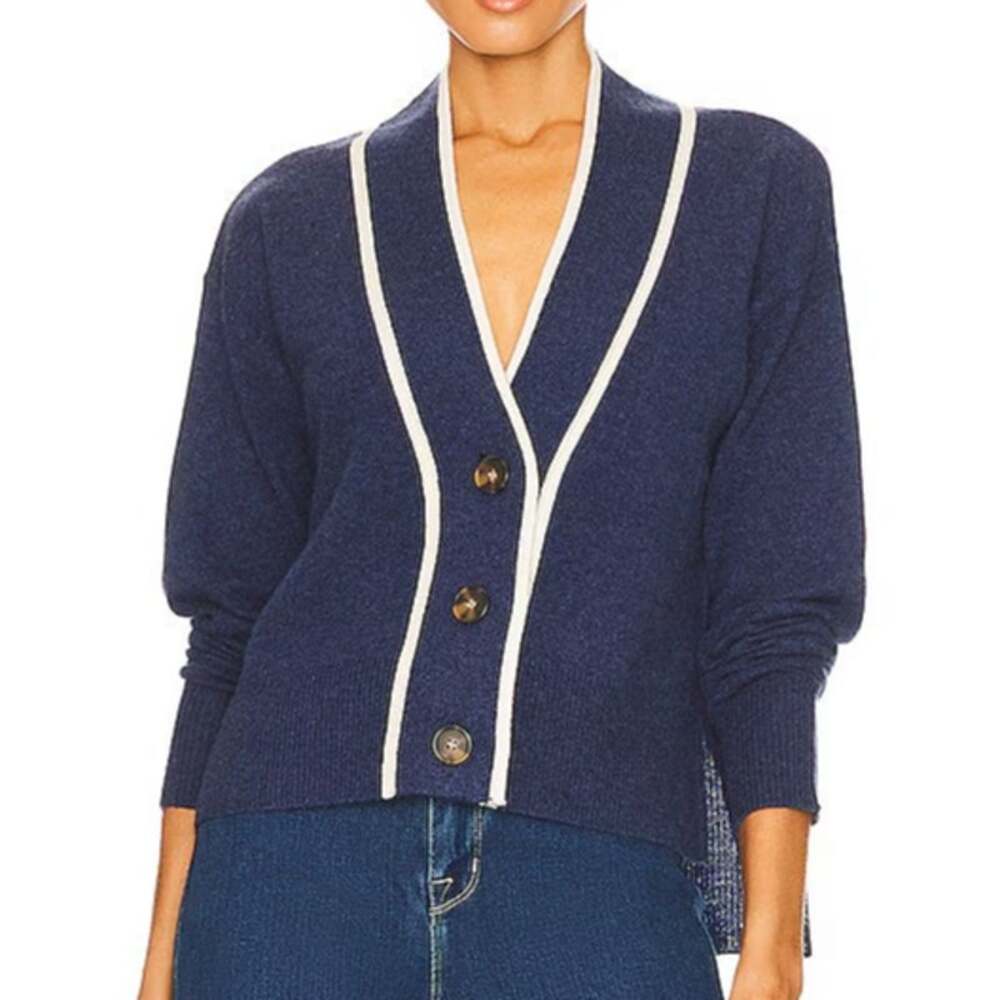 Veronica Beard Trisa Cashmere Cardigan Sweater S Blue White Trim Button Front